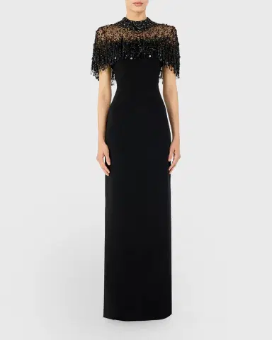 Jenny Packham Livia Crystal Fringe Capelet Column Gown | Thumbnail 2