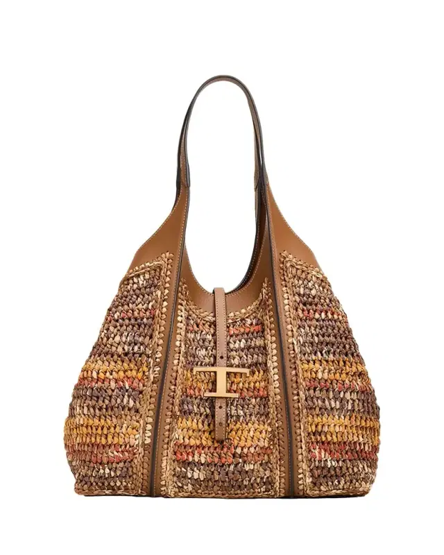 Tod 's T Timeless Raffia Shopping Tote Bag