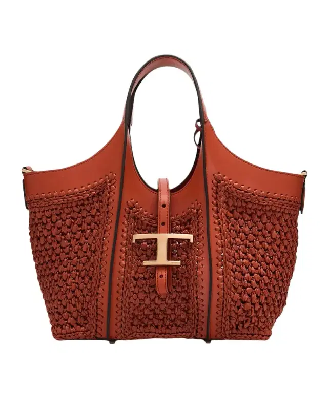Tod 's Small T Timeless Raffia & Leather Shopping Bag