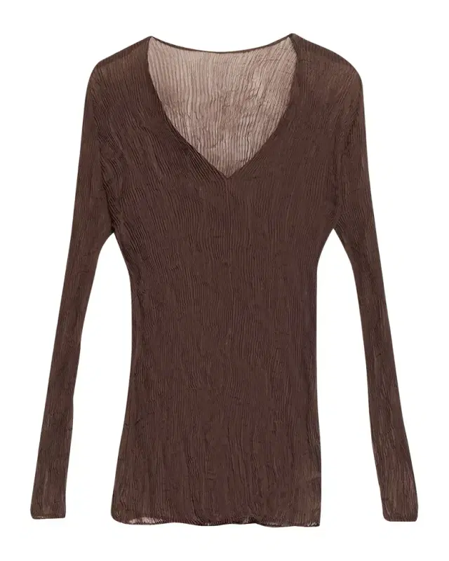 Long-Sleeve Sheer Pleated V-Neck Shirt