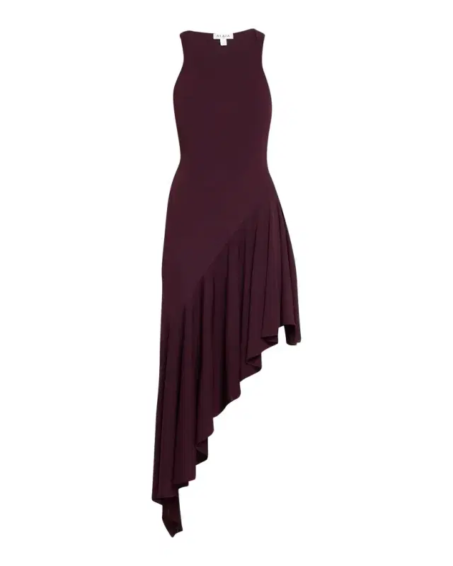 ALAÏA Asymmetric Ruffle Jersey Sleeveless Midi Dress