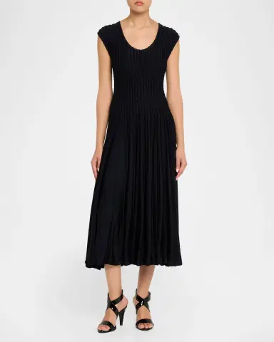 Alaïa Sleeveless Flare Pleated Knit Midi Dress | Thumbnail 2