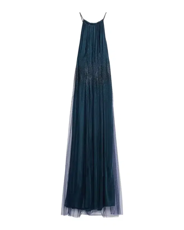 Rhinestoned Pleated Tulle Jersey Halter Gown