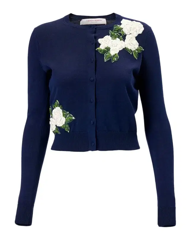 Carolina Herrera Sequined Floral Embroidered Crewneck Cardigan
