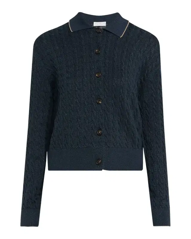 Brunello Cucinelli Shimmering Cable Knit Collared Cardigan