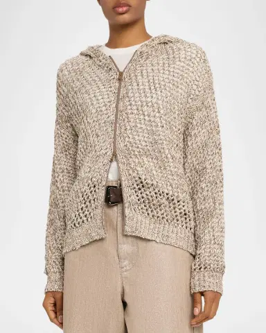 Brunello Cucinelli Shimmering Net Knit Zip Hooded Cardigan | Thumbnail 4