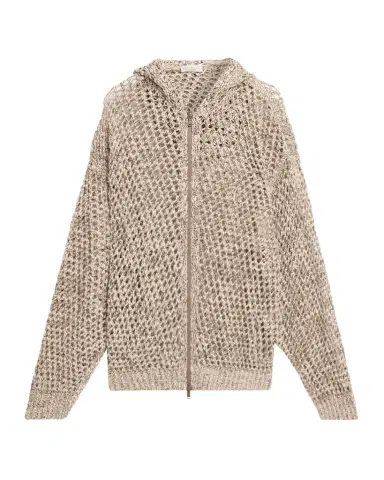 Brunello Cucinelli Shimmering Net Knit Zip Hooded Cardigan | Thumbnail 1
