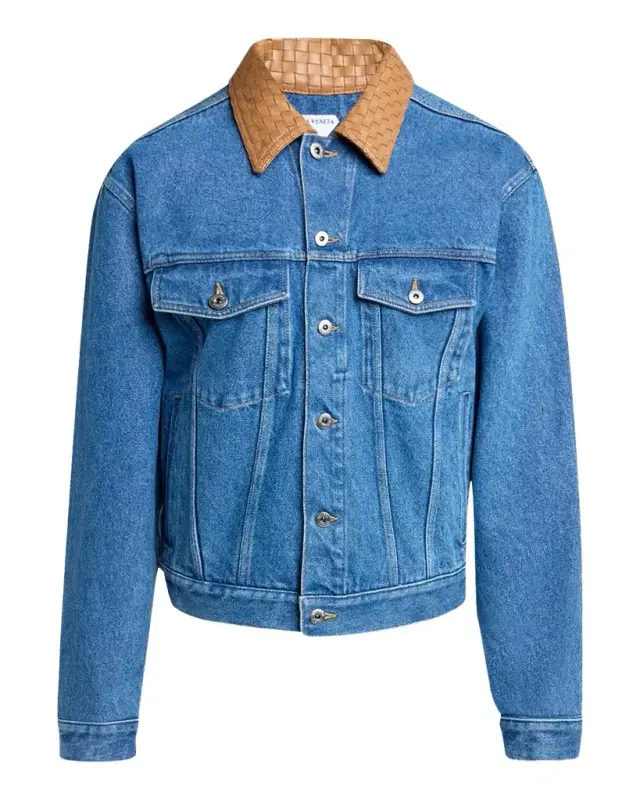 Bottega Veneta Men 's Intrecciato-Leather Collar Denim Jacket