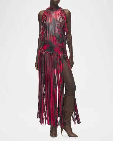 Alexander McQueen Floral-Print Leather Fringe Maxi Dress | Thumbnail 2