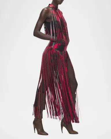 Alexander McQueen Floral-Print Leather Fringe Maxi Dress | Thumbnail 4