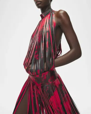 Alexander McQueen Floral-Print Leather Fringe Maxi Dress | Thumbnail 5