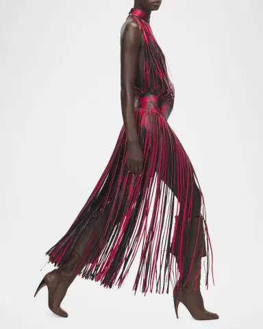 Alexander McQueen Floral-Print Leather Fringe Maxi Dress | Thumbnail 6