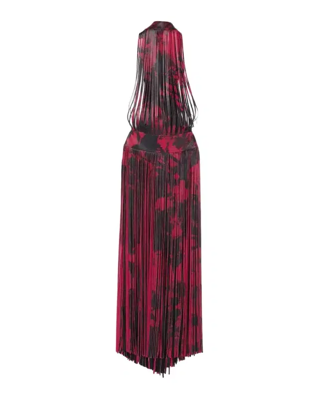 Floral-Print Leather Fringe Maxi Dress