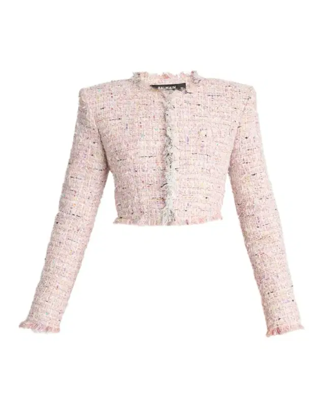 Speckled Tweed Fringed Crop Open Jacket