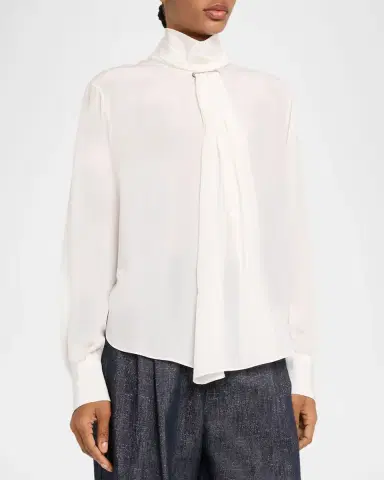 Brunello Cucinelli Turtleneck Monili Gathered Silk Blouse | Thumbnail 4