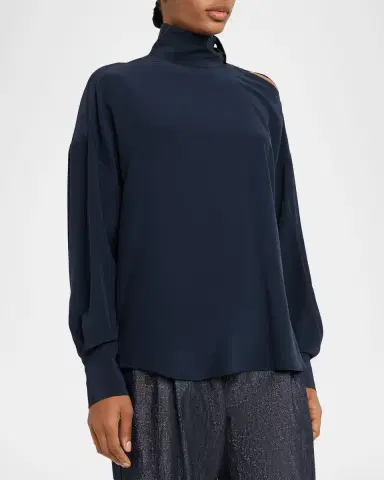 Brunello Cucinelli Turtleneck Long-Sleeve Silk Blouse | Thumbnail 4
