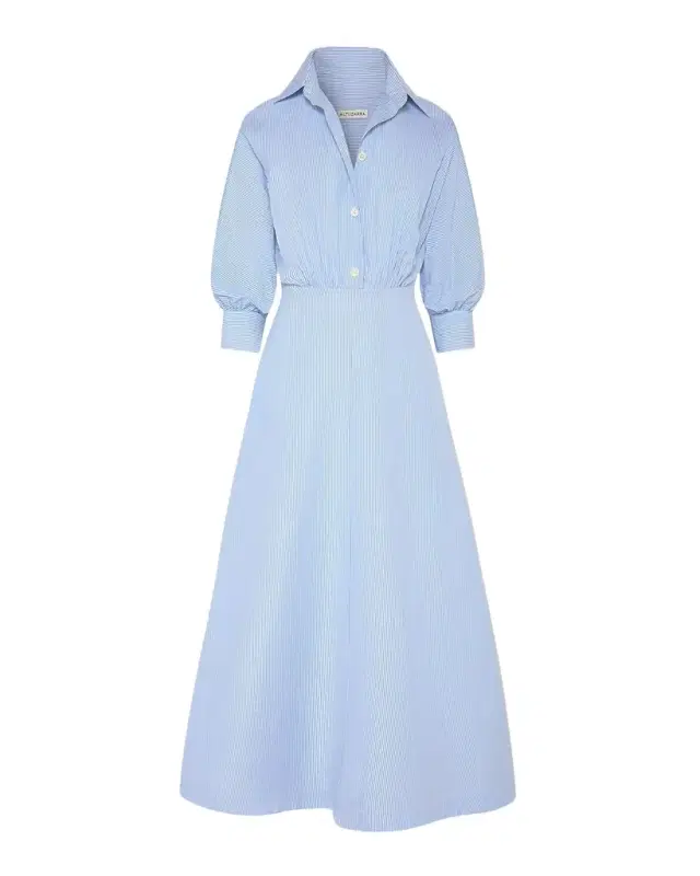 Eleanor Striped Cotton Poplin 3/4-Sleeve Midi Shirtdress