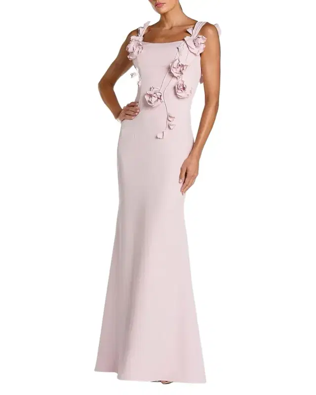 Mac Duggal Floral-Appliqué Square-Neck Column Gown