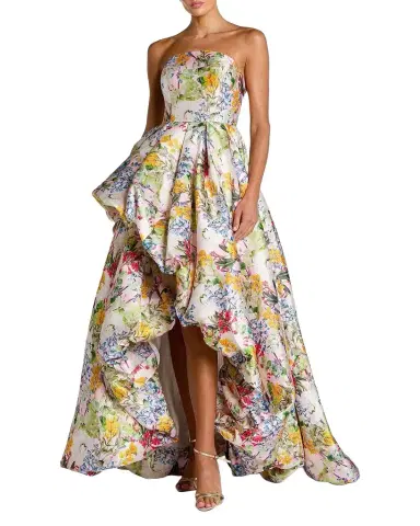 Mac Duggal Floral Mikado Strapless High-Low Bubble Hem Gown | Thumbnail 1 Mac Duggal Floral Mikado Strapless High-Low Bubble Hem Gown | Thumbnail 1