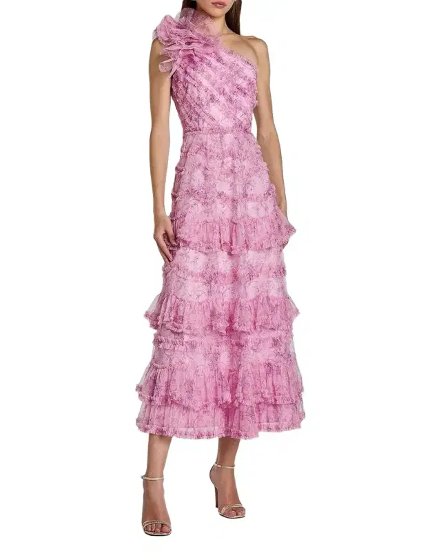 Mac Duggal Baroque Mesh Ruffled One-Shoulder Midi-Dress