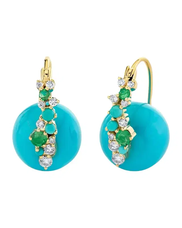 14K Diamonds and Emeralds on Turquoise Bead Earrings