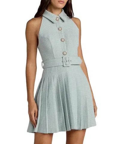 Mac Duggal Bouclé Pleated Button-Front Minidress | Thumbnail 1 Mac Duggal Bouclé Pleated Button-Front Minidress | Thumbnail 1