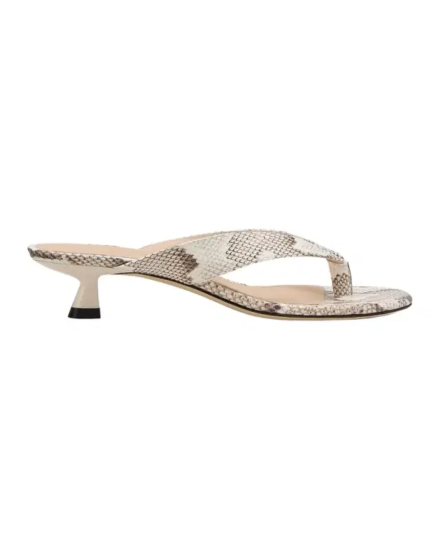 Stuart Weitzman 33mm Rio Snakeskin-Print Leather Kitten-Heel Thong Sandals