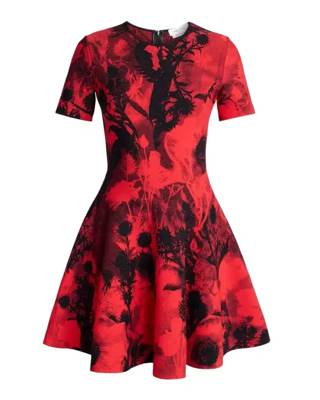 Floral Jacquard Short-Sleeve Mini Dress