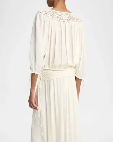 Isabel Marant Nelida Guipure Lace-Trim Silk Gauze Drawstring Blouse | Thumbnail 3