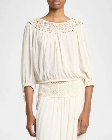 Isabel Marant Nelida Guipure Lace-Trim Silk Gauze Drawstring Blouse | Thumbnail 4
