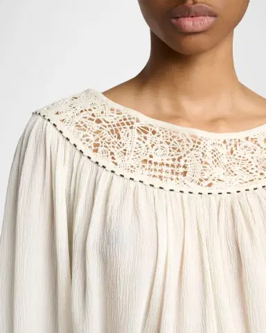 Isabel Marant Nelida Guipure Lace-Trim Silk Gauze Drawstring Blouse | Thumbnail 5
