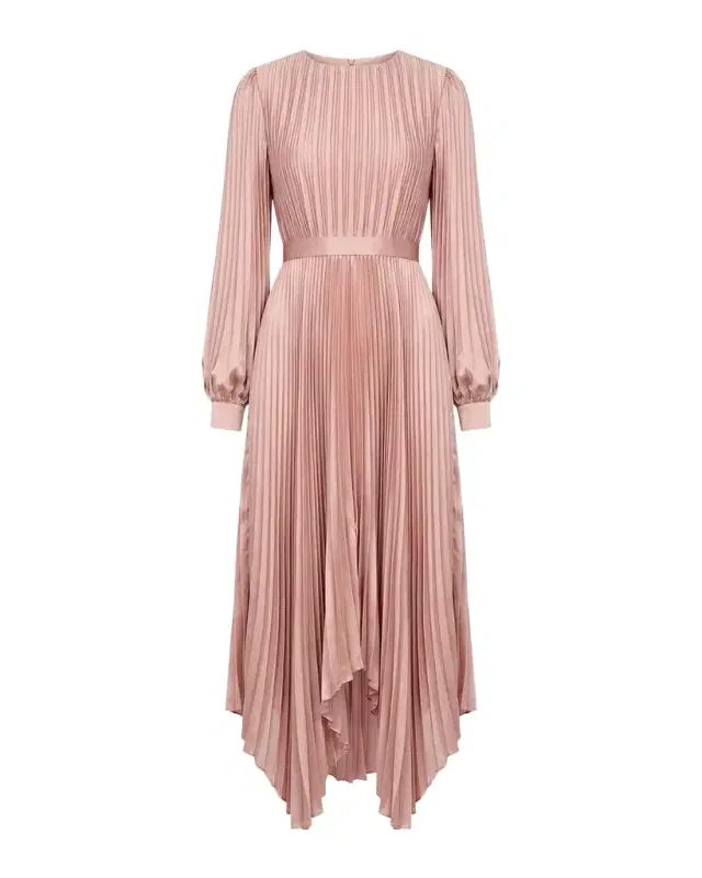 Mac Duggal Pleated Satin Handkerchief Midi Dress