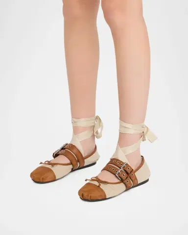 Miu Miu Canvas Leather-Strap Ballerina Flats | Thumbnail 2