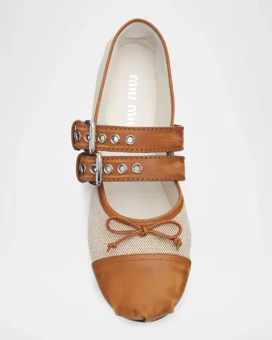 Miu Miu Canvas Leather-Strap Ballerina Flats | Thumbnail 6