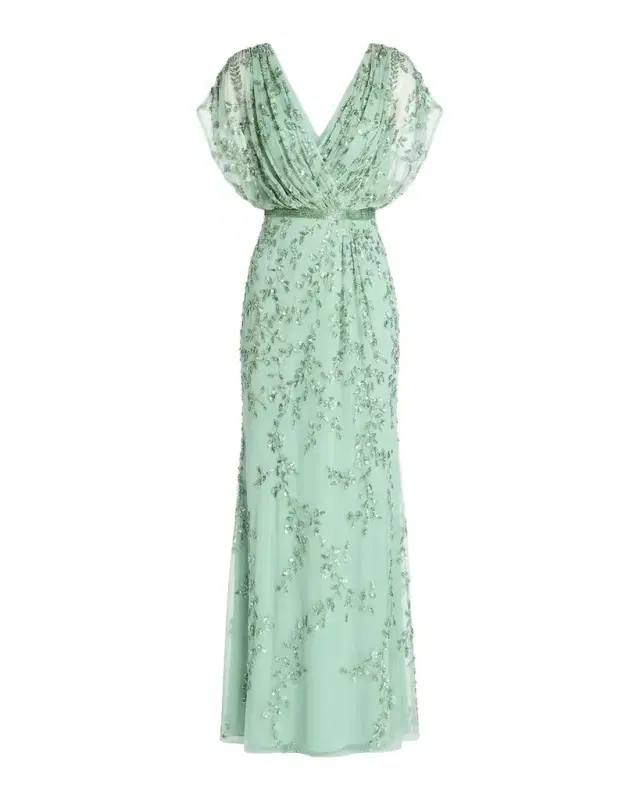 Beaded Draped Mesh Column Gown
