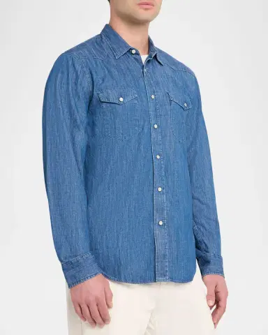Officine Generale Men 's Maverick Snap-Front Chambray Western Shirt | Thumbnail 4