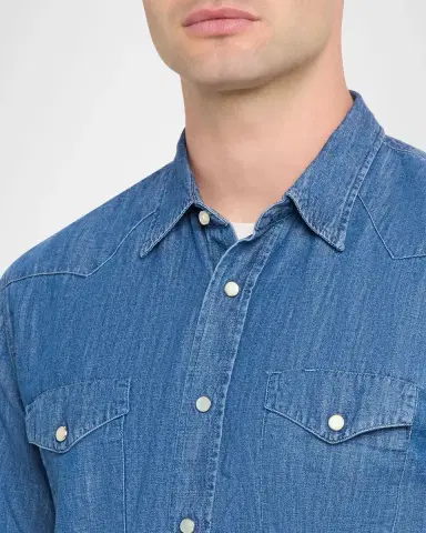 Officine Generale Men 's Maverick Snap-Front Chambray Western Shirt | Thumbnail 5