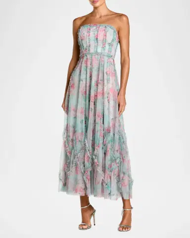 Mac Duggal Strapless Ruffle-Trim Floral Mesh Midi Dress | Thumbnail 2 Mac Duggal Strapless Ruffle-Trim Floral Mesh Midi Dress | Thumbnail 2