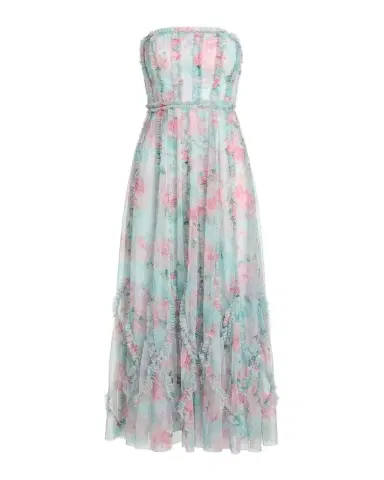 Mac Duggal Strapless Ruffle-Trim Floral Mesh Midi Dress | Thumbnail 1 Mac Duggal Strapless Ruffle-Trim Floral Mesh Midi Dress | Thumbnail 1