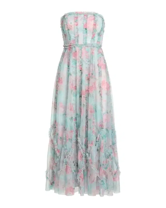 Mac Duggal Strapless Ruffle-Trim Floral Mesh Midi Dress