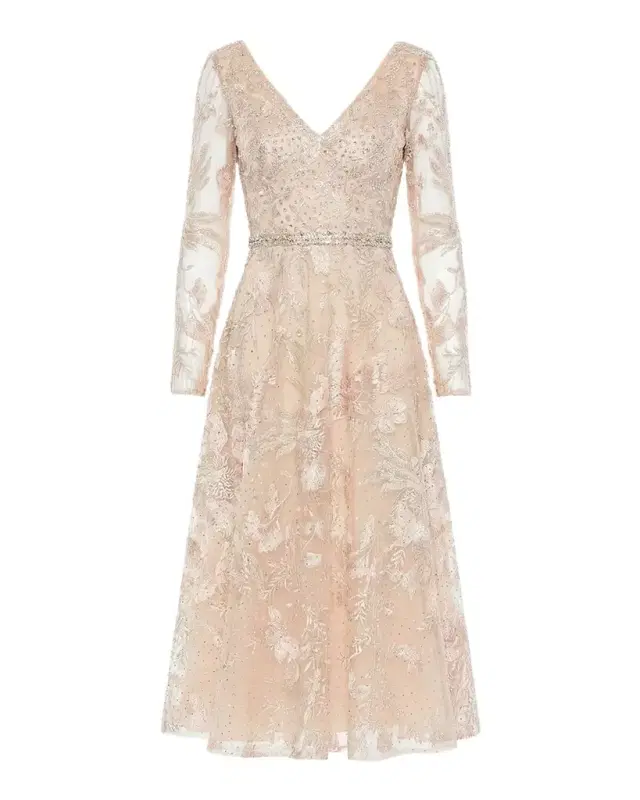 Mac Duggal Crystal Floral Embroidered Mesh Midi Dress