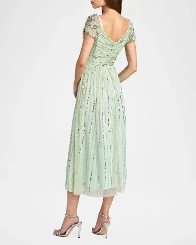 Mac Duggal Ruched Bead and Sequin Mesh Midi Dress | Thumbnail 3 Mac Duggal Ruched Bead and Sequin Mesh Midi Dress | Thumbnail 3