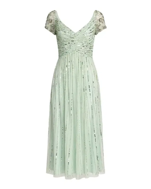Mac Duggal Ruched Bead and Sequin Mesh Midi Dress