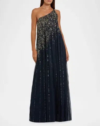Mac Duggal Beaded One-Shoulder Tulle Trapeze Gown | Thumbnail 2 Mac Duggal Beaded One-Shoulder Tulle Trapeze Gown | Thumbnail 2