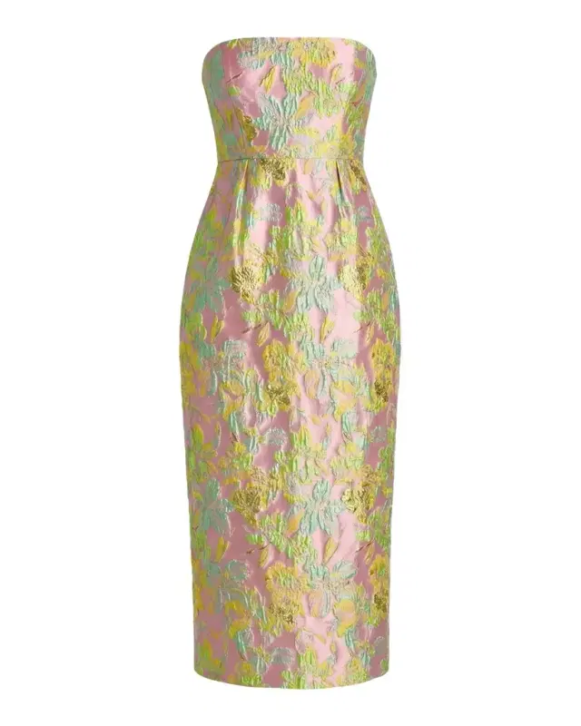 Strapless Floral Brocade Midi Dress
