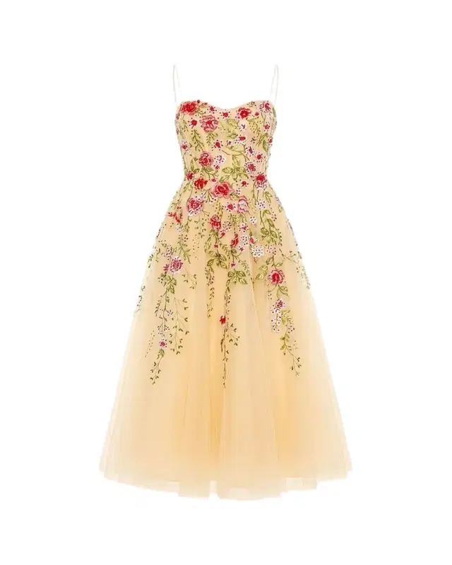 Mac Duggal Floral-Embroidered Tulle Midi Dress