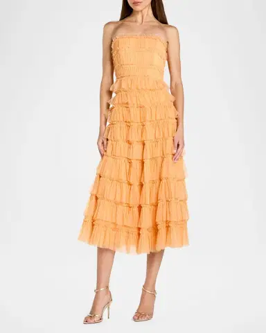 Mac Duggal Mesh Ruffled Strapless Midi-Dress | Thumbnail 2 Mac Duggal Mesh Ruffled Strapless Midi-Dress | Thumbnail 2