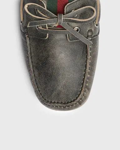 Gucci Men's Web Washed-Effect Leather Boat Shoes | Thumbnail 3 Gucci Men's Web Washed-Effect Leather Boat Shoes | Thumbnail 3
