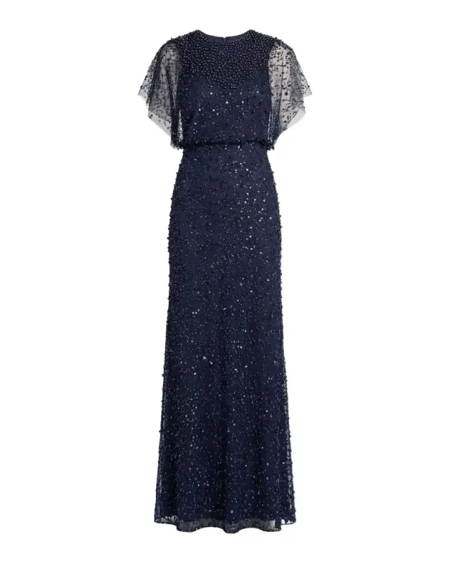 Mac Duggal Beaded Sequined Shawl Gown