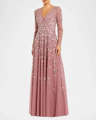 Mac Duggal Floral-Embellished Long-Sleeve A-Line Gown | Thumbnail 2 Mac Duggal Floral-Embellished Long-Sleeve A-Line Gown | Thumbnail 2